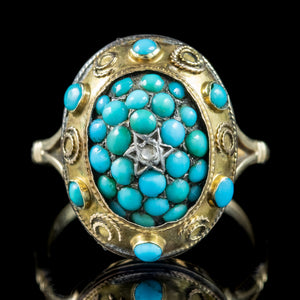 Antique Victorian Turquoise Diamond Etruscan Ring 