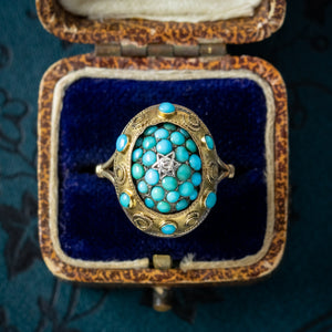 Antique Victorian Turquoise Diamond Etruscan Ring 