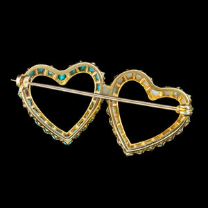 Antique Victorian Turquoise Pearl Double Heart Brooch 18ct Gold