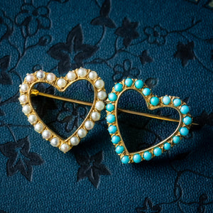 Antique Victorian Turquoise Pearl Double Heart Brooch 18ct Gold