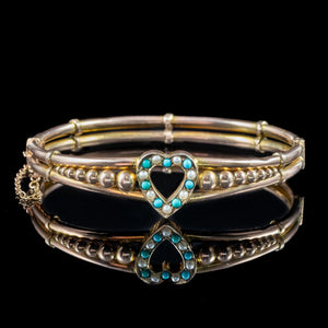 Antique Victorian Turquoise Pearl Heart Bangle 9ct Gold