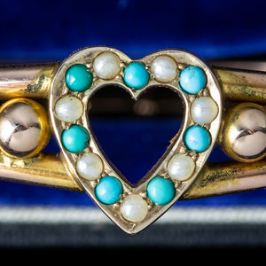 Antique Victorian Turquoise Pearl Heart Bangle 9ct Gold