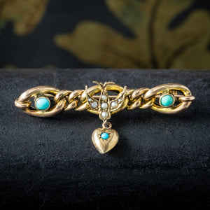 Antique Victorian Turquoise Pearl Swallow Heart Brooch 9ct Gold