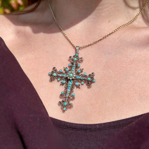 Antique Victorian French Turquoise Pearl Cross Pendant