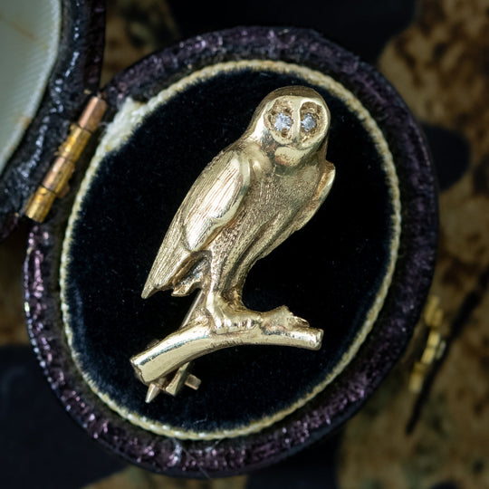Vintage Owl Brooch 9ct Gold Diamond Eyes
