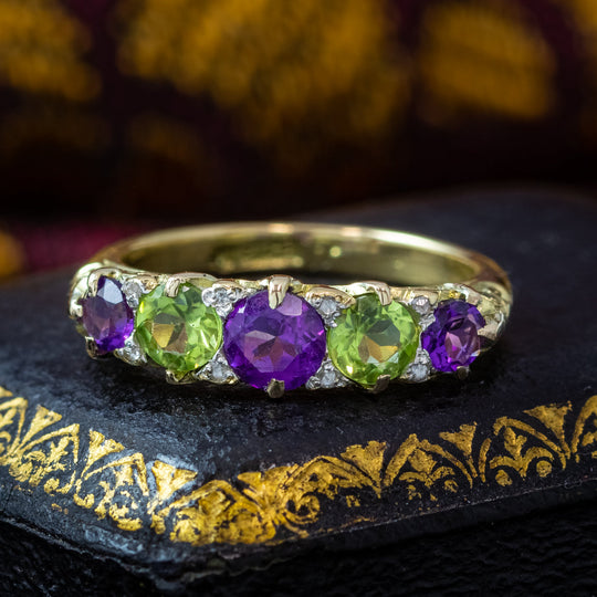 Antique Edwardian Suffragette Ring Amethyst Peridot Diamond