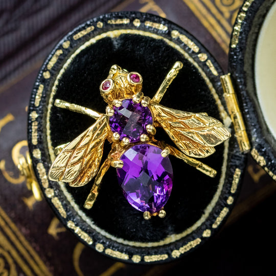 Vintage Amethyst Bee Brooch Ruby Eyes 18ct Gold