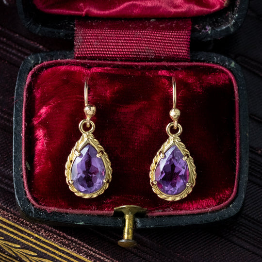Vintage Amethyst Drop Earrings 9ct Gold