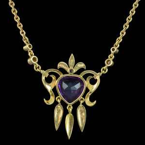 Vintage Amethyst Heart Diamond Enamel Necklace 18ct Gold Dated 1978