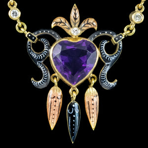 Vintage Amethyst Heart Diamond Enamel Necklace 18ct Gold Dated 1978