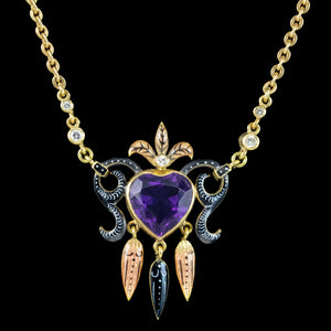 Vintage Amethyst Heart Diamond Enamel Necklace 18ct Gold Dated 1978