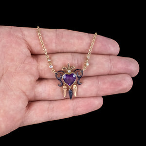 Vintage Amethyst Heart Diamond Enamel Necklace 18ct Gold Dated 1978