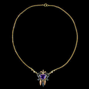 Vintage Amethyst Heart Diamond Enamel Necklace 18ct Gold Dated 1978