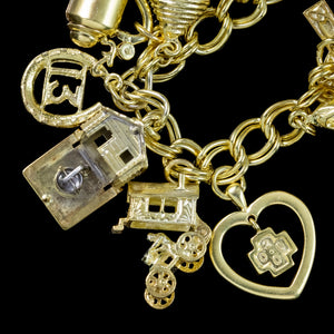 Vintage Charm Bracelet Silver 18ct Gold Gilt 20 Charms And Heart Padlock