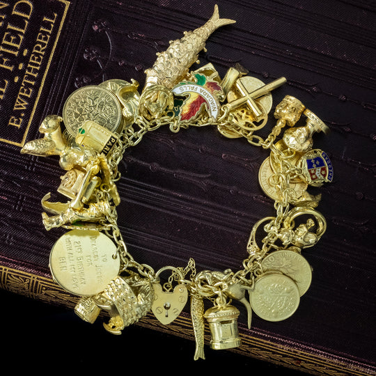 Vintage Charm Bracelet Silver 18ct Gold Gilt 43 Charms