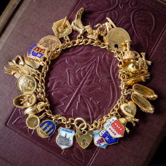 Vintage Charm Bracelet Silver 18ct Gold Gilt 27 Charms