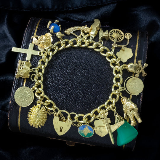 Vintage Charm Bracelet Silver 18ct Gold Gilt Heart Padlock And 19 Charms