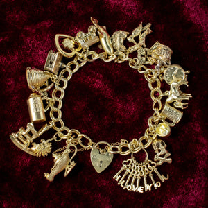 Vintage Charm Bracelet Silver 18ct Gold Gilt 20 Charms And Heart Padlock