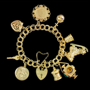 Vintage Charm Bracelet Silver 18ct Gold Gilt 9 Charms And Heart Padlock