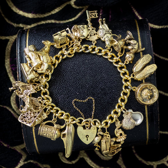 Vintage Charm Bracelet Silver 18ct Gold Gilt 21 Charms Dated 1966