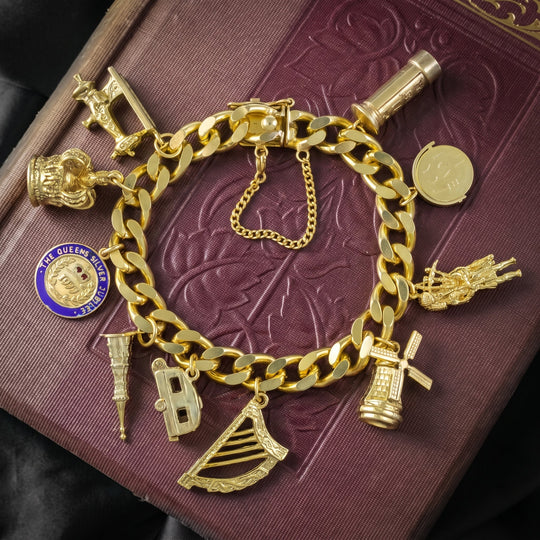 Vintage Charm Bracelet Silver 18ct Gold Gilt 10 Charms