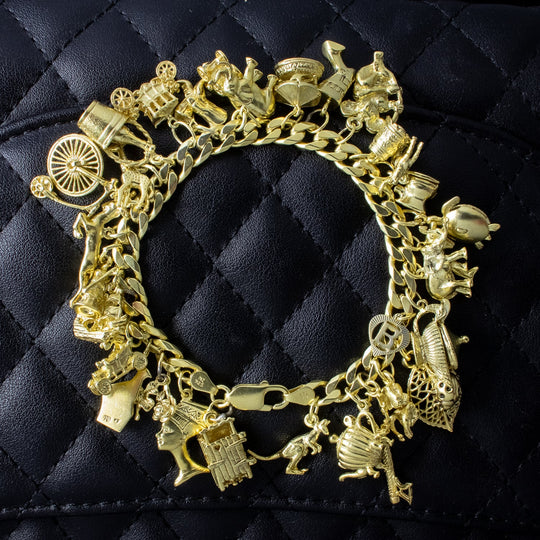 Vintage Charm Bracelet Silver 18ct Gold Gilt 33 Charms