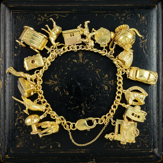 Vintage Charm Bracelet Silver Gold Gilt 17 Charms