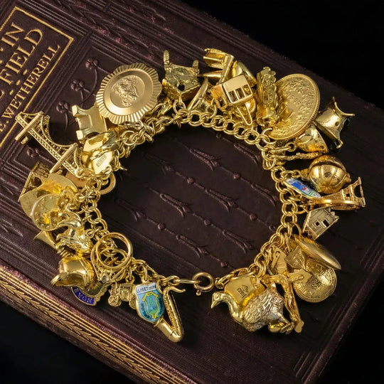 Vintage Charm Bracelet With 42 Charms Silver 18ct Gold Gilt Dated 1960