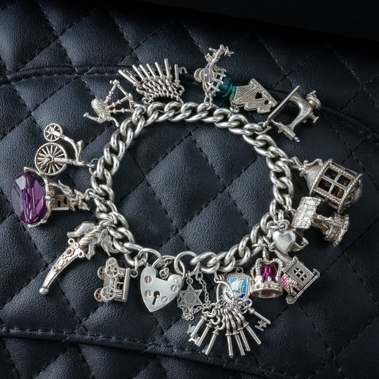 Vintage Charm Bracelet With Heart Padlock And 17 Charms