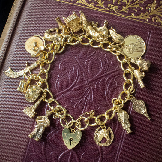 Vintage Charm Bracelet With Heart Padlock And 19 Charms