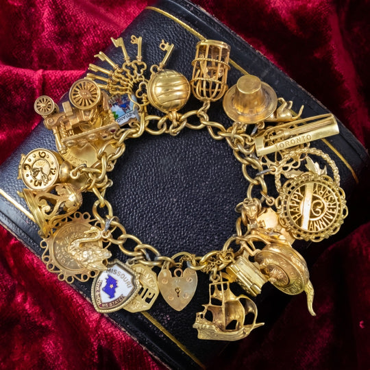 Vintage Charm Bracelet With Heart Padlock And 24 Charms