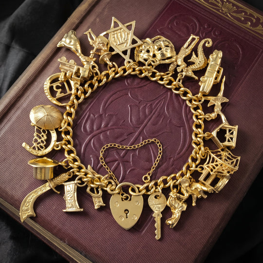 Vintage Charm Bracelet With Heart Padlock And 22 Charms