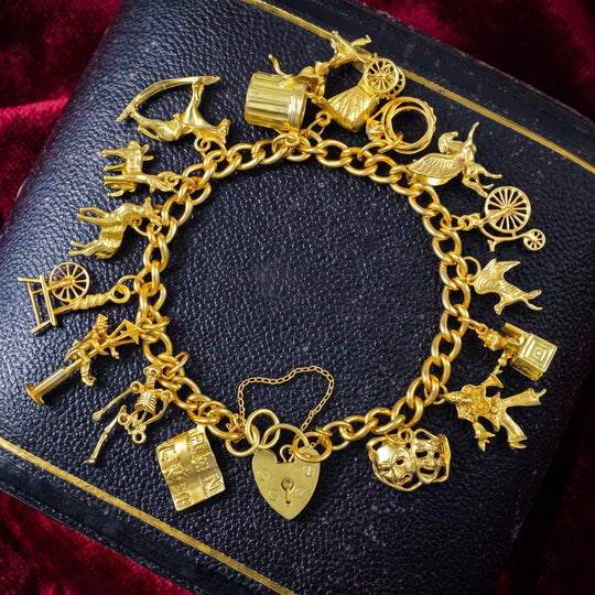 Vintage Charm Bracelet With Heart Padlock And 16 Charms