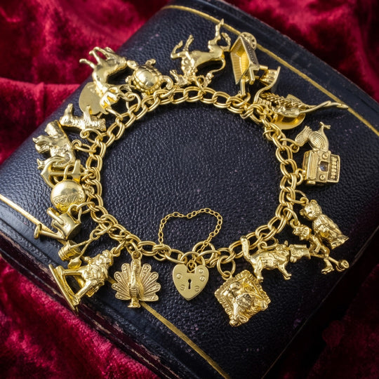 Vintage Charm Bracelet With Heart Padlock And 22 Charms