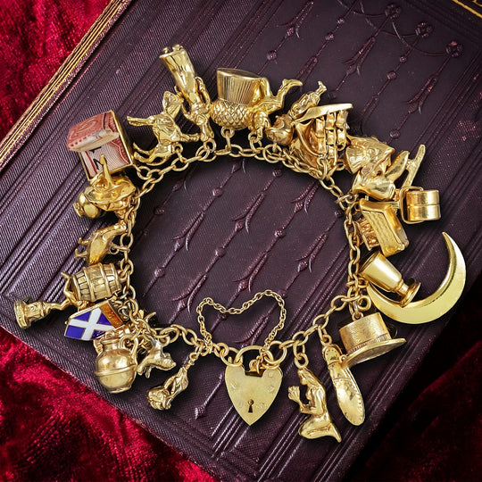 Vintage Charm Bracelet With Heart Padlock And 27 Charms