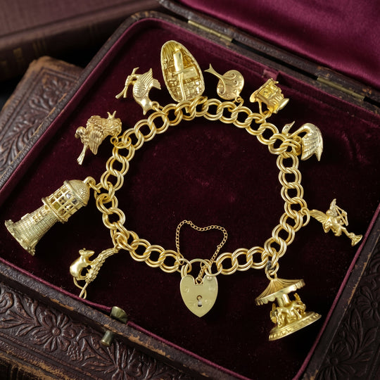 Vintage Charm Bracelet With Heart Padlock And 10 Charms