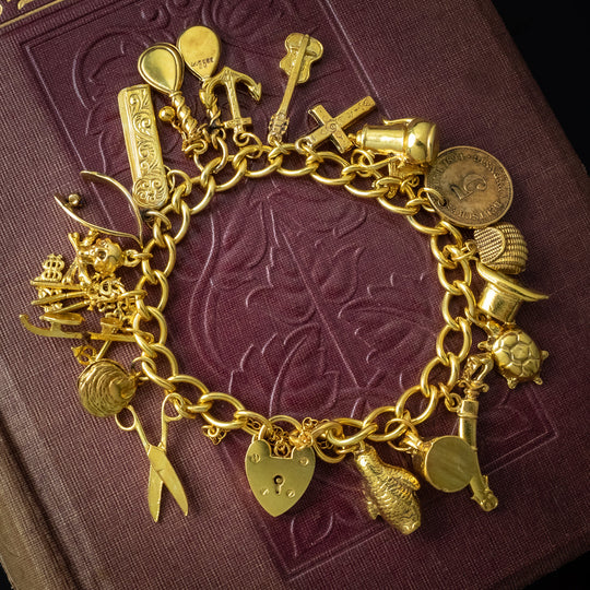 Vintage Charm Bracelet With Heart Padlock And 20 Charms