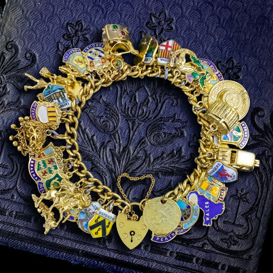 Vintage Charm Bracelet With Heart Padlock And 47 Charms