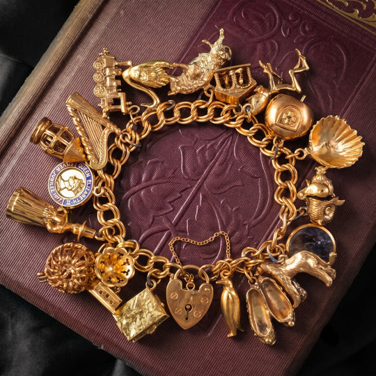 Vintage Charm Bracelet With Heart Padlock And 19 Charms Dated 1965