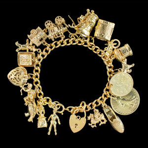 Vintage Charm Bracelet Silver 18ct Gold Gilt 21 Charms