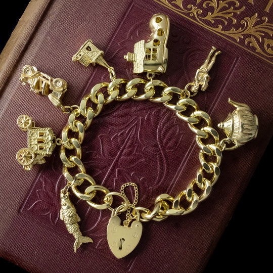 Vintage Curb Charm Bracelet Heart Padlock And 7 Charms
