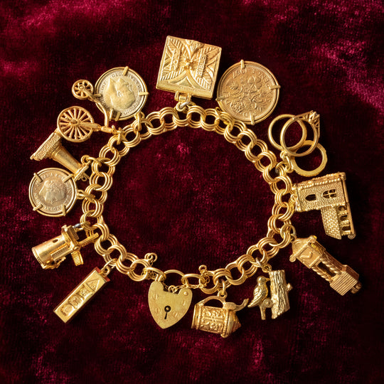 Vintage Charm Curb Bracelet With Heart Padlock And 13 Charms