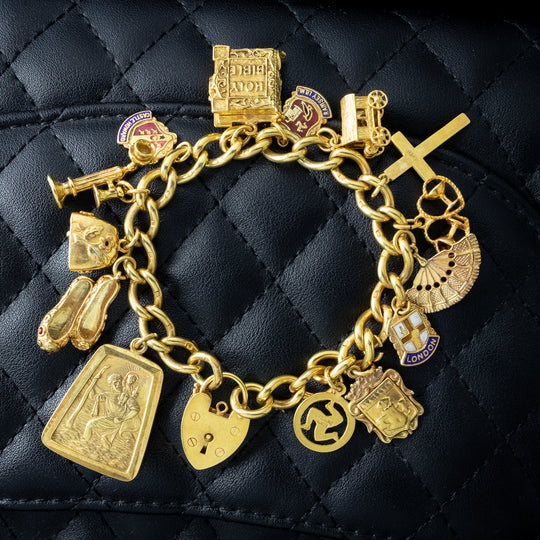 Vintage Charm Curb Bracelet With Heart Padlock And 14 Charms