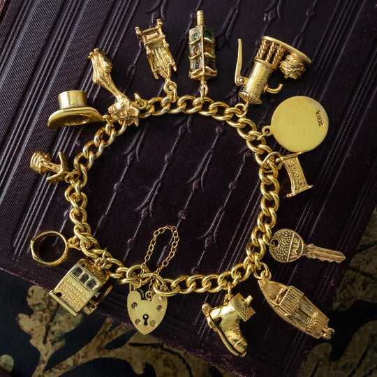 Vintage Charm Curb Bracelet With Heart Padlock And 13 Charms