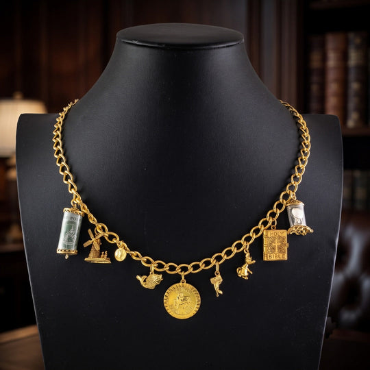 Vintage Charm Necklace Silver 18ct Gold Gilt 9 Charms 20 Inch Chain