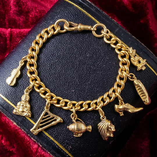 Vintage Curb Charm Bracelet Silver 18ct Gold Gilt With 8 Charms