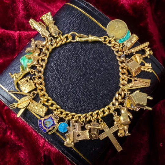 Vintage Curb Charm Bracelet Silver 18ct Gold Gilt With 26 Charms
