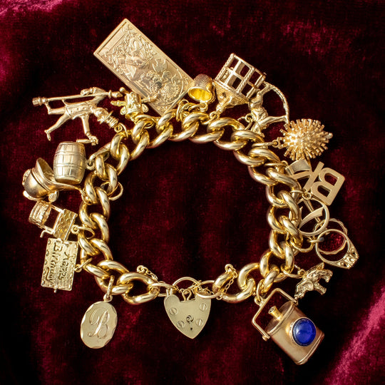 Vintage Curb Charm Bracelet With Heart Padlock And 18 Charms