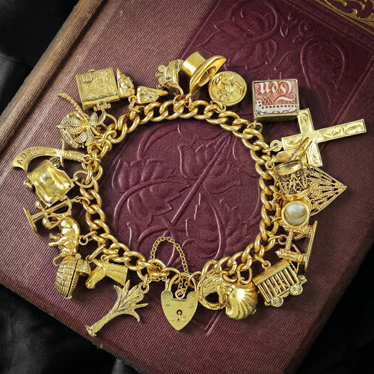 Vintage Curb Charm Bracelet With Heart Padlock And 24 Charms