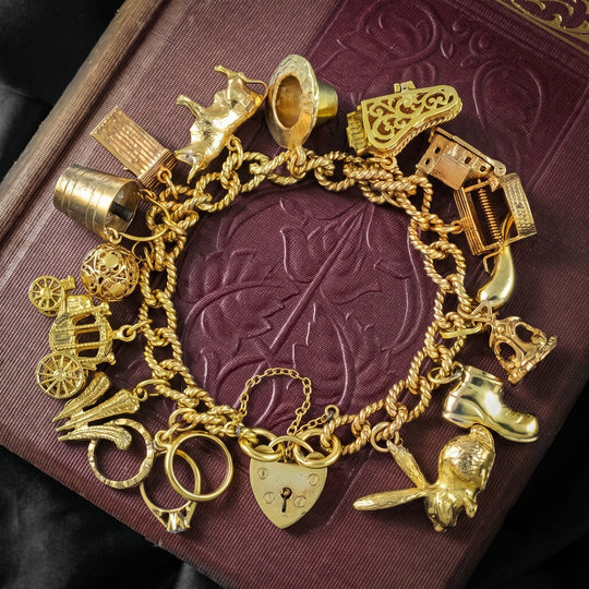 Vintage Curb Charm Bracelet With Heart Padlock And 15 Charms